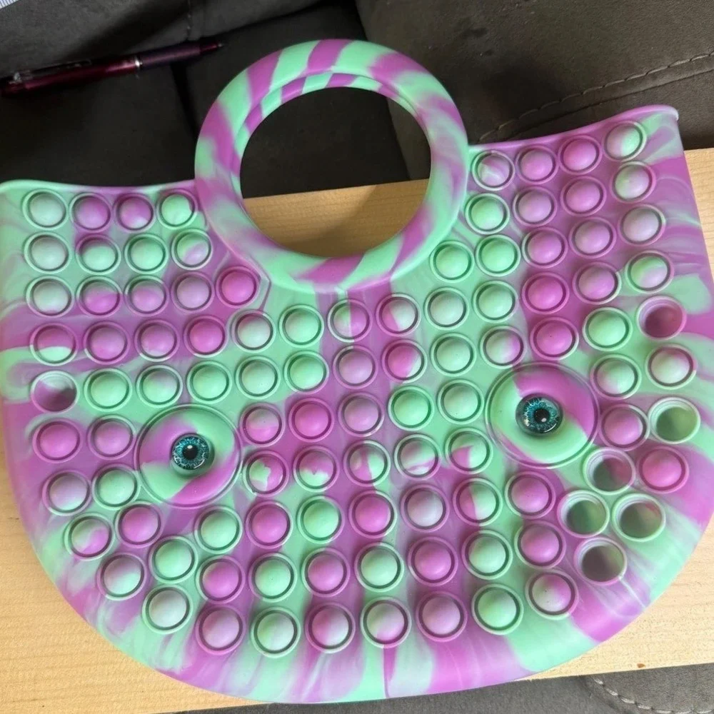 Ja-Ru‎ Silicone Pop Fidget Tote Bag and Bracelet Set Purple Green Swirl Eyeball